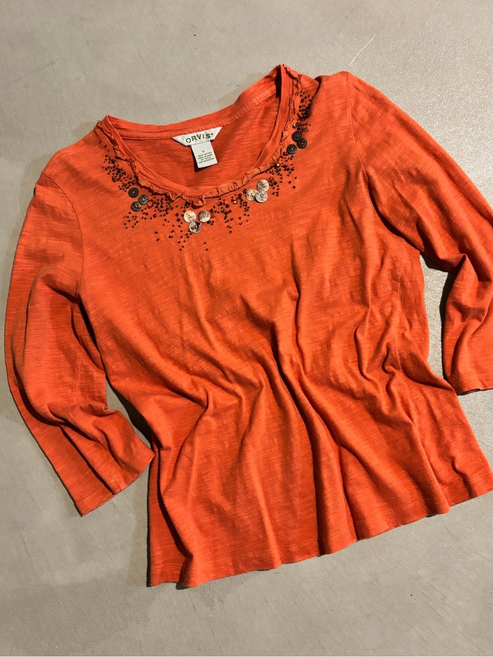 Orvis Orange Embellished Scoop Neck 3/4 Sleeve Top